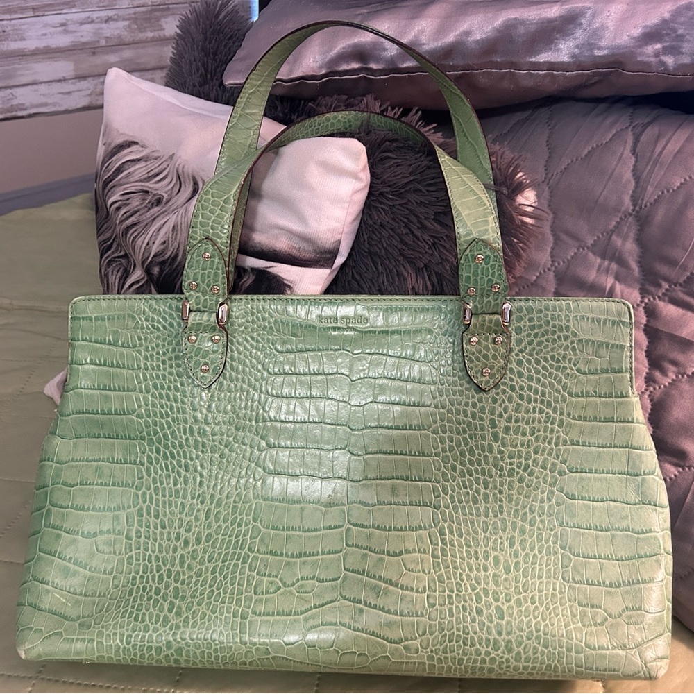 kate spade light green croc-embossed leather tote
